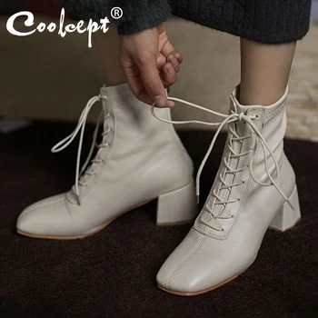 

Coolcept Women Ankle Boots Cross Strap Thick Heel Square Toe Shoes Zipper Warm Boots Women Fashion Party Footwear Size 34-39