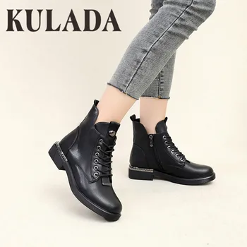 

KULADA Motorcycle Boots Ladies Vintage Combat Autumn Boots Army Punk Goth Women Boots Women Biker PU Leather Short Plush Boots