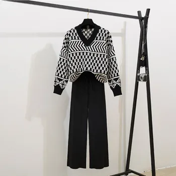 

High Quality Autumn Winter Korean Edition 2 Piece Set Women Fashion Color Collision Stripe Sweater Top+Knitting Wide leg Pants