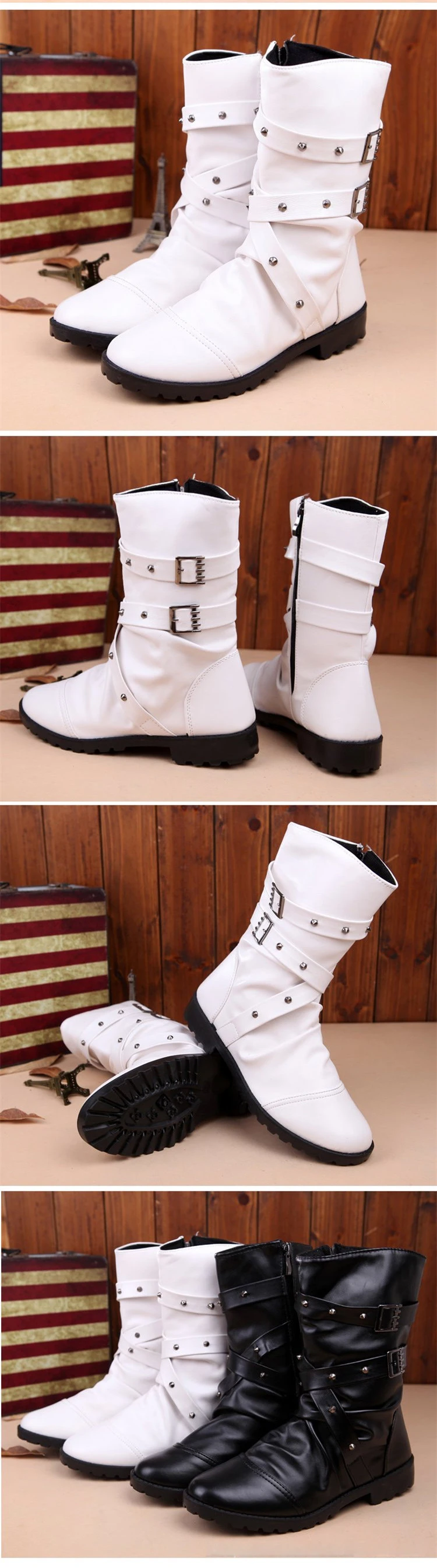 New England Style Boots Black White Punk Motorcycle Martin Boots For Men PU Leather Zipper Buckle Strap Warm Snow Boots yu