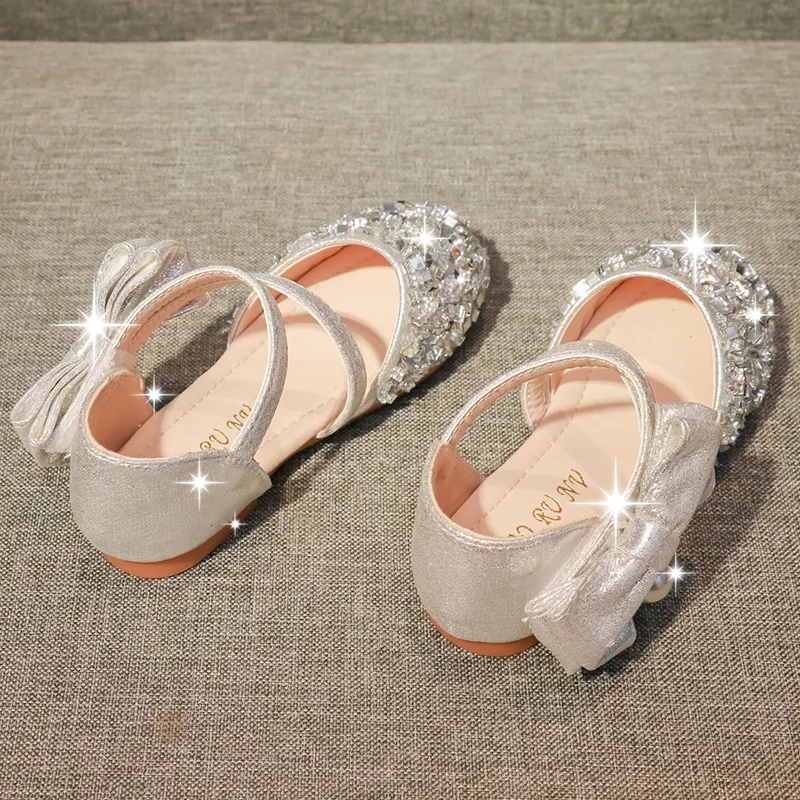 ULKNN Fashion Children Bowtie Sequins Rhinestone Sandals Princess Girls Big Kids Leather Soft Bottom Beach Shoes 3-12 Years