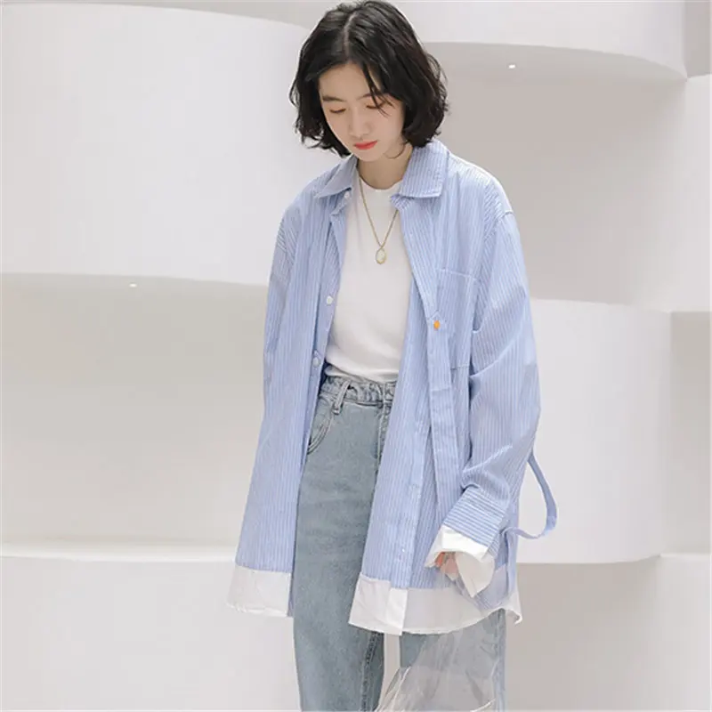 

HziriP 2019 Stylish Blue White Striped Korea Brief Chic Loose Full-Sleeved All Match High Street Casual Oversize Free Shirts