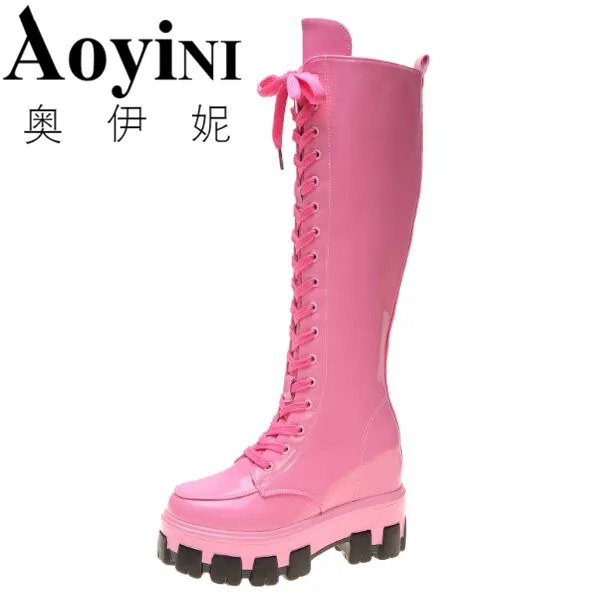 

Candy Colors Sexy Slim Patent Leather Boots Women Autumn Winter Knee High Boots Ladies Fashion Thick Heel Round Toe Long Boots