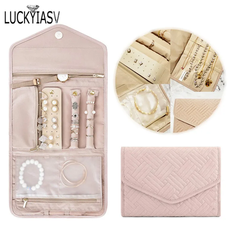 Organizador de joyas de viaje en 3 colores, rollo de estuche de joyería plegable para viaje, anillos, collares, bolsa de almacenamiento de joyas