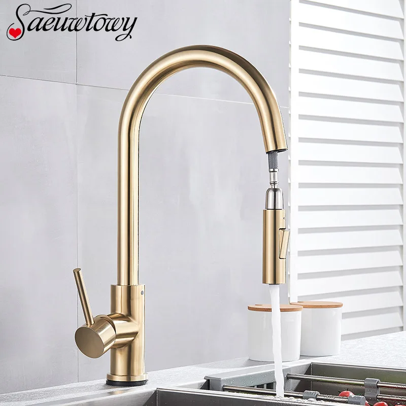 Gold Kitchen Faucet Brushed Crane Pull-Out Cold-Mixer Single-Handle Rotatble Hot 360