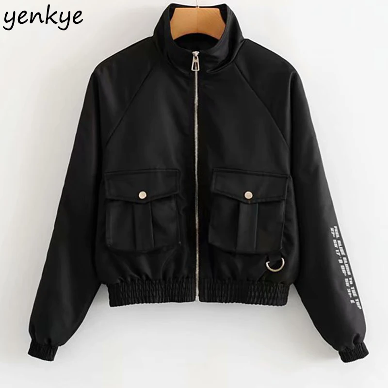 

Fashion 2019 Pockets Motorcycle Crop Jacket Women Long Sleeve Zipper Black Autumn Coats Plus Size Jacket chaqueta mujer TL7130