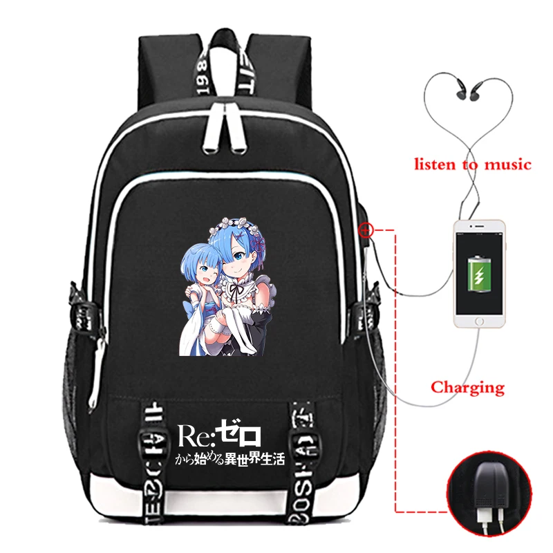 

Anime Re:Life In A Different World From Zero Backpack Children Girls School Bag USB Charging Backpack Travel Backpack