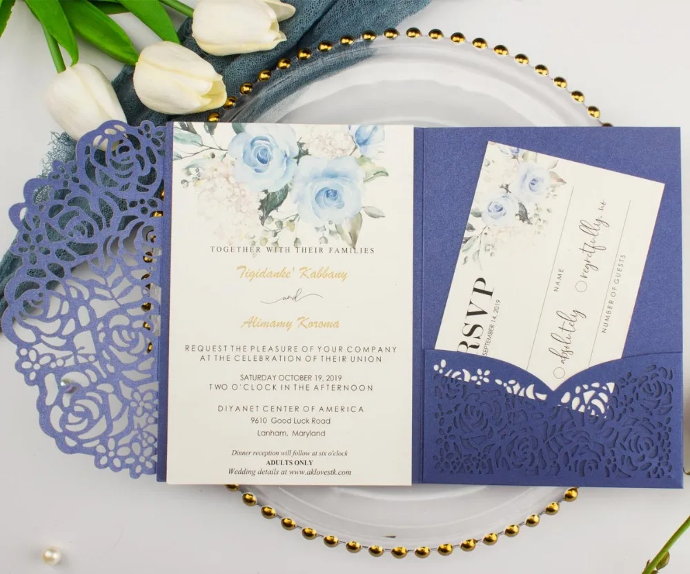 50 шт., жемчужные темно-синие свадебные пригласительные открытки в карман, три раза, карман, лазерная резка, роза, пригласительные, вечерние чехлы