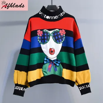 

Autumn And Winter Turtleneck Collar Loose Sweater Top Female 2019 Autumn And Winter New Fashion Patchwork Color Sweater Top
