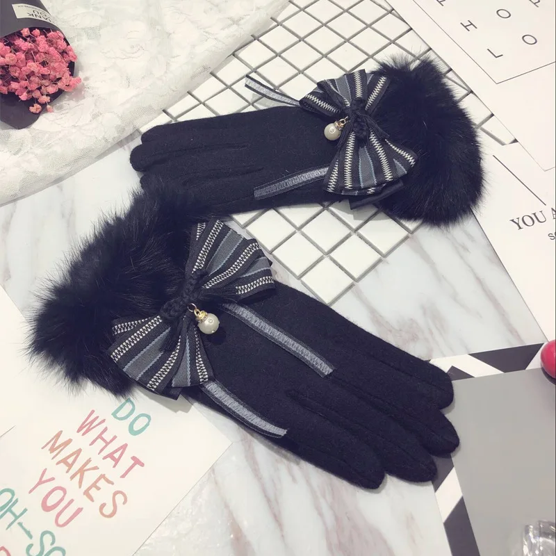 Кашемировые шерстяные перчатки женские зимние с кроличьим мехом милые студенческие плюс бархатные толстые теплые перчатки для вождения с сенсорным экраном - Color: pearl black