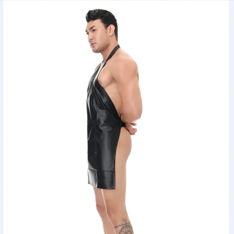 Mens Sexy Lingerie Black Leather Sexy Erotic Apron Front Open Crotch Crotchless Male Cosplay Uniforms Nightclub Stage Ds Costume