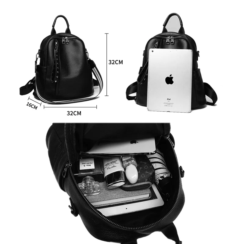 Women Backpack Cowhide Genuine Leather Vintage Knapsack Colleague Girls Student School Bag Lady Travel Packsack Shoulder Bags 5