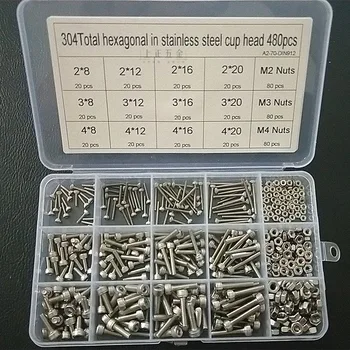 

480pcs M2 M3 M4 boxed DIN912 304 stainless steel cup head hex screw with nut combination set