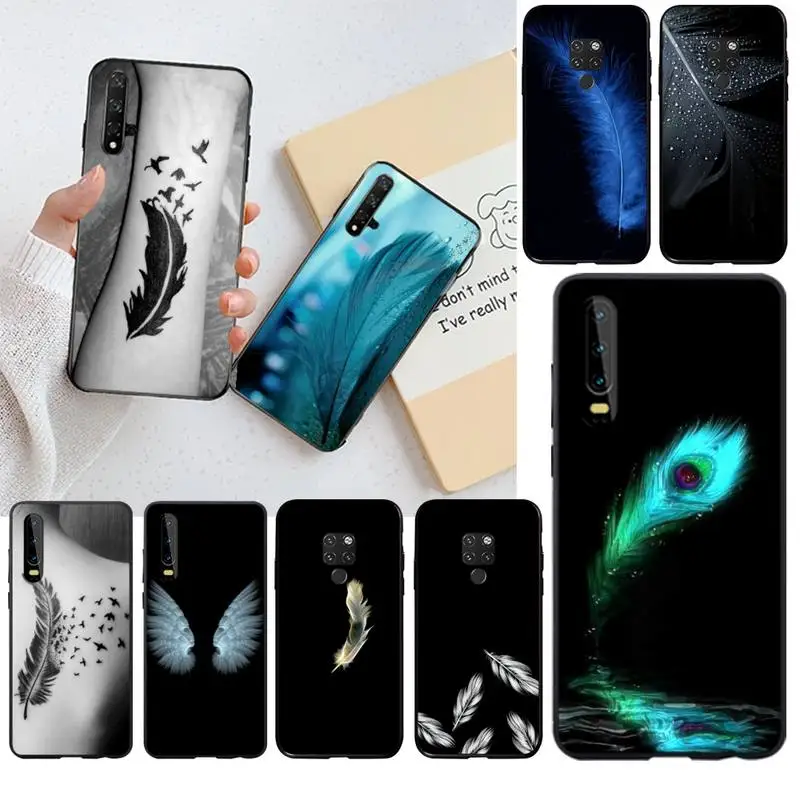 Мягкий резиновый чехол из ТПУ черного цвета с перьями для телефона Huawei P40 P30 P20 lite