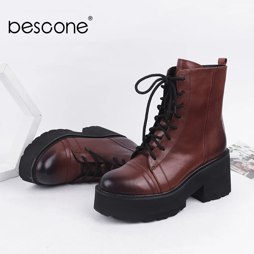 

Bescone Winter Ankle Boots Woman High Platform Chunky Square Heel Boots Ladies Genuine Leather Round Toe Short Boots BC831