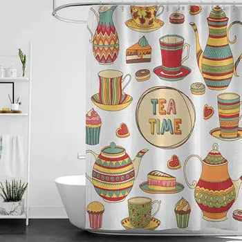 

hengshu Tea Party Odorless Waterproof Shower Curtain Tea Time Cartoon Set with Donuts Cake Slices Cupcakes Breakfast Get