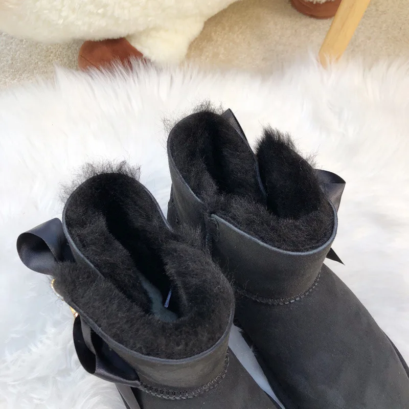 Blinging/; красивые женские зимние ботинки из натуральной овечьей кожи с бантом; женские ботинки на натуральном меху; теплые зимние ботинки с шерстью