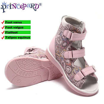 

Princepard New Children Pink Flowered Printing Leather Orthopedic Shoes Kids Girls High Quality Sandals With Hard Sole
