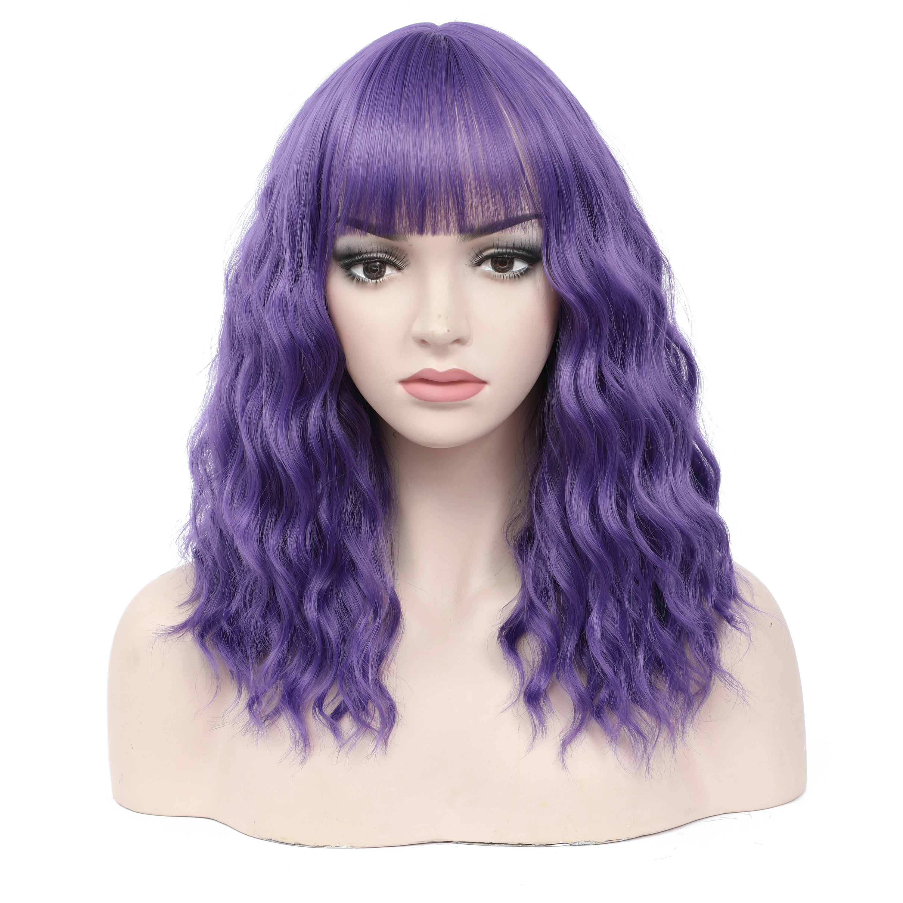 

LANYI 16Inches Long Wavy Wigs For Women Purple Synthetic Wigs with Bangs For Femal Daily Use Cosplay Lolita Wigs Heat Resistant
