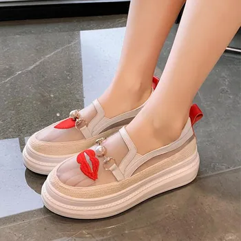 

New 2020 Flat Platform Genuine Leather Loafers Hollow Black White Round Toe Slip-on Summer grenadine Casual Shoes TA20-55