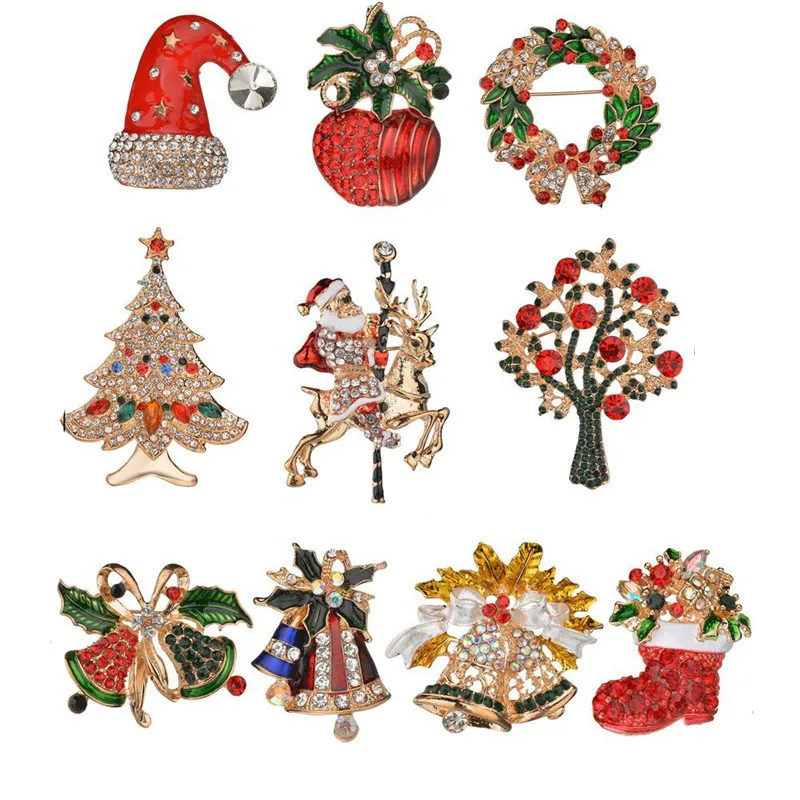 

10 Pcs Gold Charms Mix Unique Christmas Pendants Brooches Bell Sock Tree Of Life Rhinestone Brooch For Women Christmas Jewelry