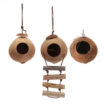 

Natural Coconut Shell Small Pet Parakeets Finches Sparrows Bird Nest House Cage with Hanging Lanyard & Ladder