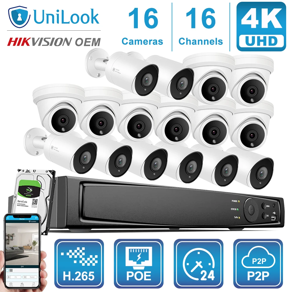 UnILook 16CH NVR 16 шт. 4K 8MP Bullet Turret смешанный POE IP камера комплект безопасности аудио