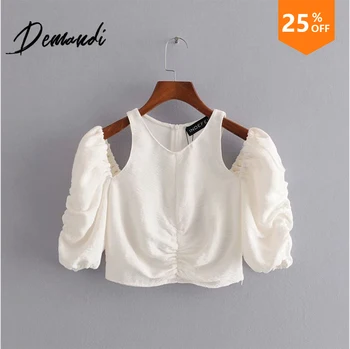 

Demandi European and American style new 2020 spring and summer models puffed sleeves hollow round neck strapless shirt loose