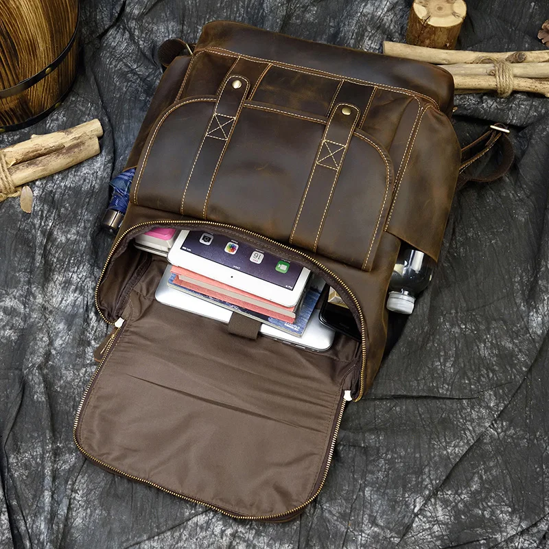 Big Capacity Vintage Leather Backpack Laptop Travel Bagpack Men Male Cowskin Backpack Retro Style Travel Bag Brown 42cm