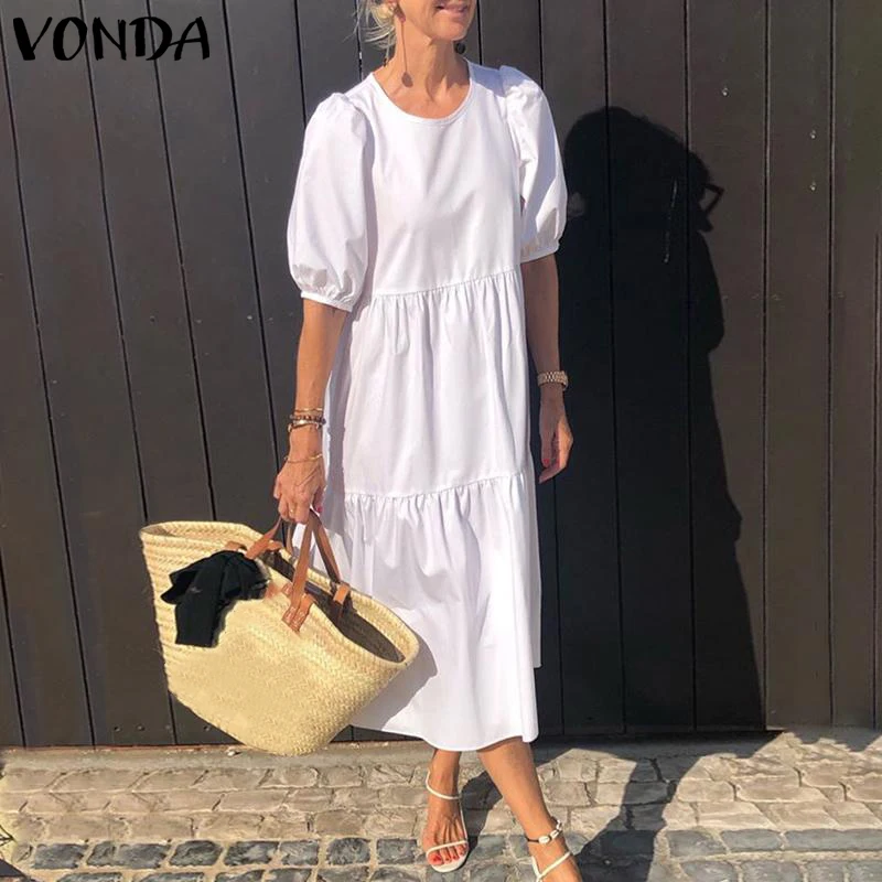 VONDA, женские одноцветные длинные платья с коротким рукавом и оборками, повседневное свободное праздничное платье Vestidos размера плюс, летний сарафан в богемном стиле