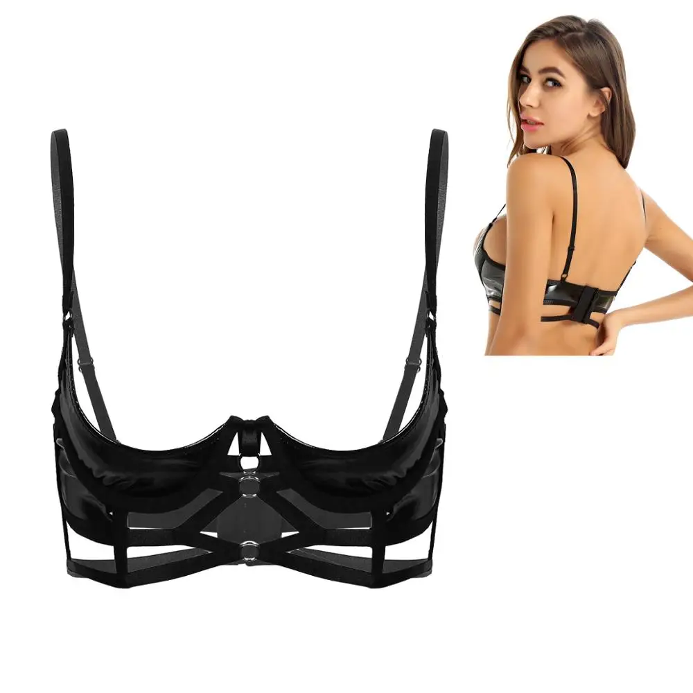 Womens Wet Look Fetish Costumes Leather Lingerie Romantic Night Quarter Open Cup Bra Hot Sexy Strappy Bondage Underwired Bra Top
