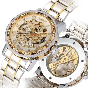 

New Arrival Hand-Winding Mechanical Watch for Men Hollow Out Dial Diamonds Watches Gold Case Gift Male horloges mannen