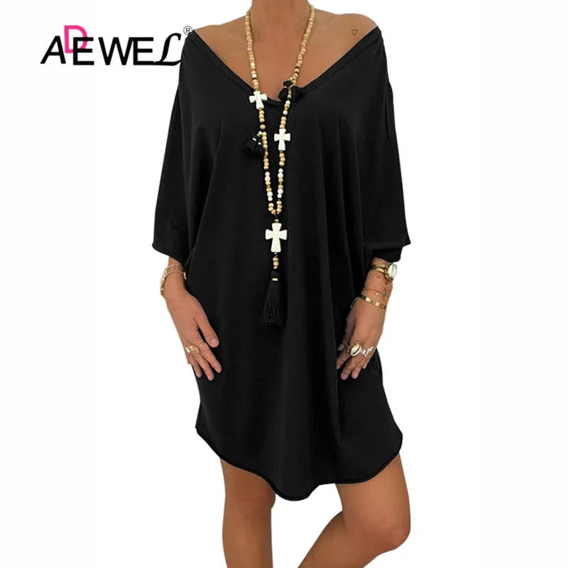 

ADEWEL 2019 Women Tshirt Dress V-neck Summer Dresses Short Sleeve Casual Sexy Loose Boho Beach Dress Vestidos Plus Size Dress