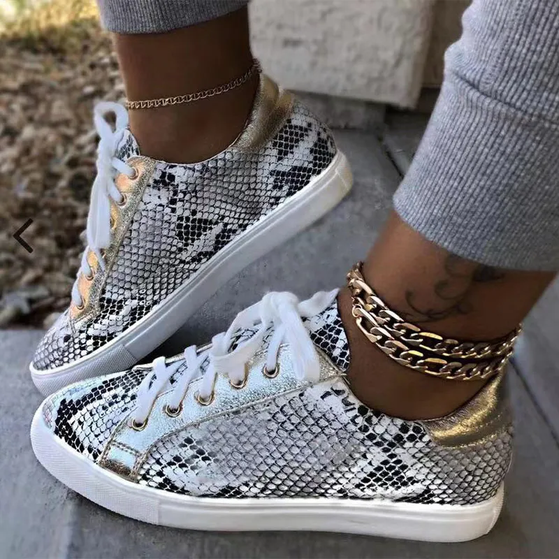 

Women Snake Printing PU Leather Vulcanized Shoes Lace up Female Sneakers Fashion 2019 Platform Woman Shoes Walking Footwear