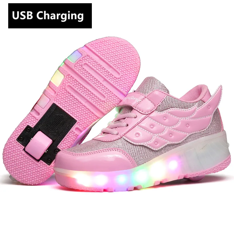 girls leather shoes New One wheels USB Charging Fashion Girls Boys LED Light Roller Skate Shoes For Children Kids Sneakers With Wheels Two wheels children's shoes for adults Children's Shoes