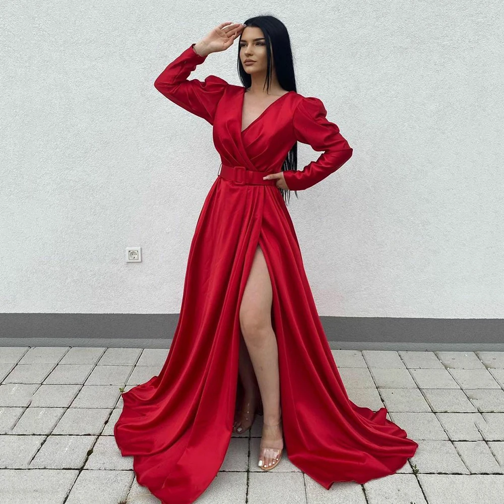 

UZN Dark Red A-Line High Slit Satin Prom Dress Deep V Neck Long Puffy Sleeves Evening Gowns Saudi Arabia Party Dresses