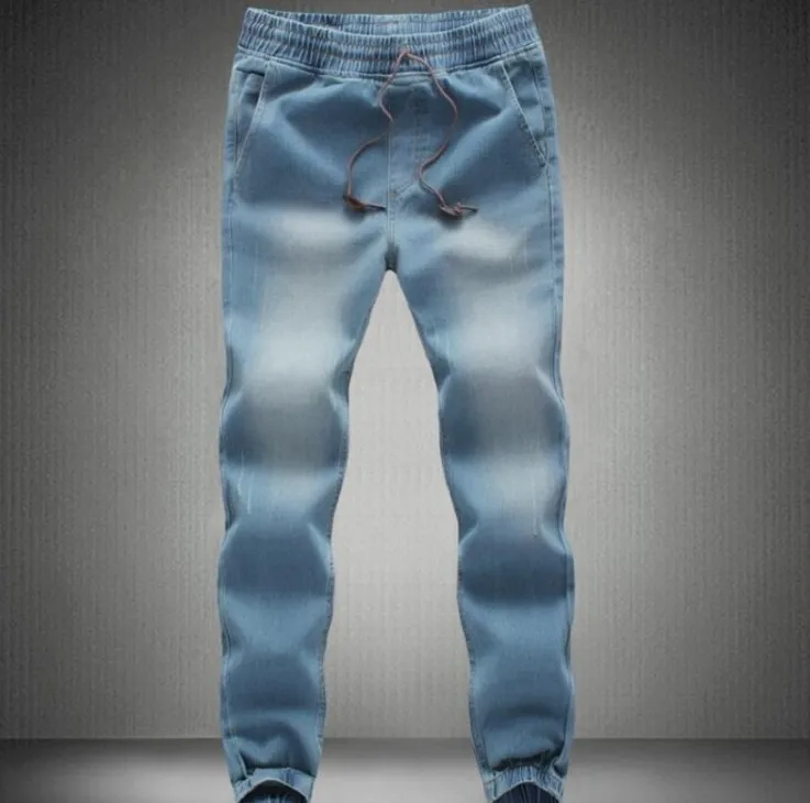 Summer Mens Denim Drawstring Waist Slim Fit Joggers Trousers Full Length Pants Washed Sweatpants Loose Casual Motor Jeans | Мужская