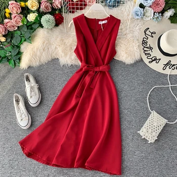 

Teeuiear Vintage Slim V Neck Summer Midi Long Bandage office Dress Party Tank Sundress high street Women OL Elegant A-Line dress