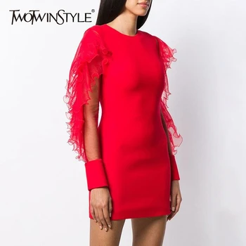 

TWOTWINSTYLE Patchwork Mesh Ruffles Dresses Women O Neck Long Sleeve High Waist Slim Mini Dress For Female 2020 Fashion Clothing