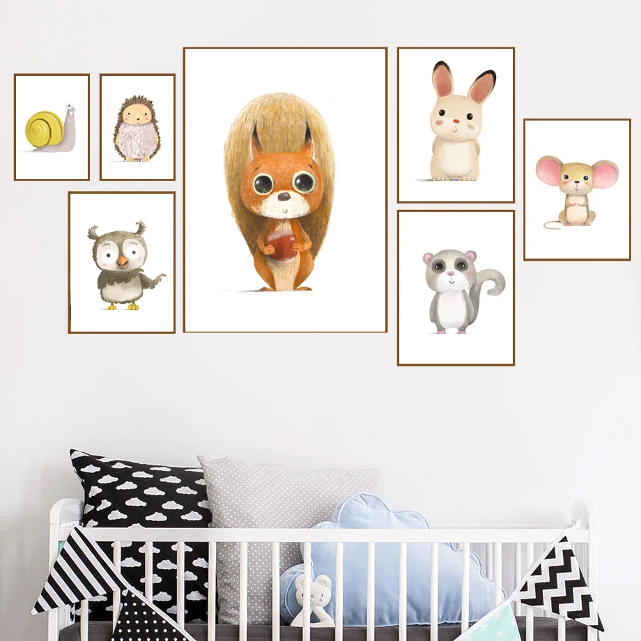 

Squirrel Rabbit mouse Owl Snail Hedgehog Wall Art Canvas Painting Nordic Posters And Prints Wall Pictures Baby Kids Room Decor