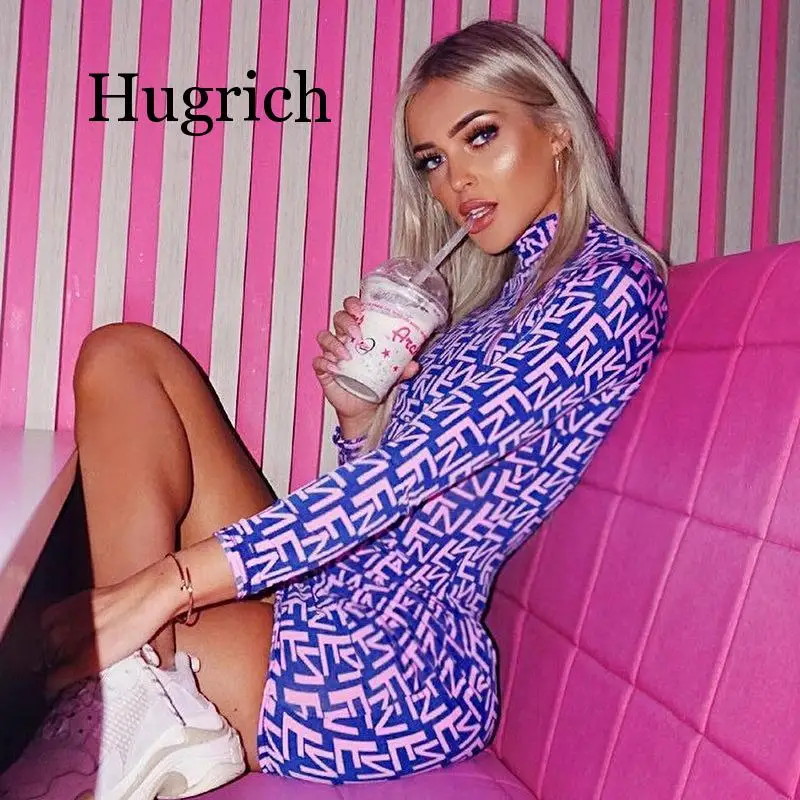 

Spring 2020 Sexy Club Dresses Fashion Letter Print High Neck Long Sleeve Mini Bandage Bodycon Dress Women