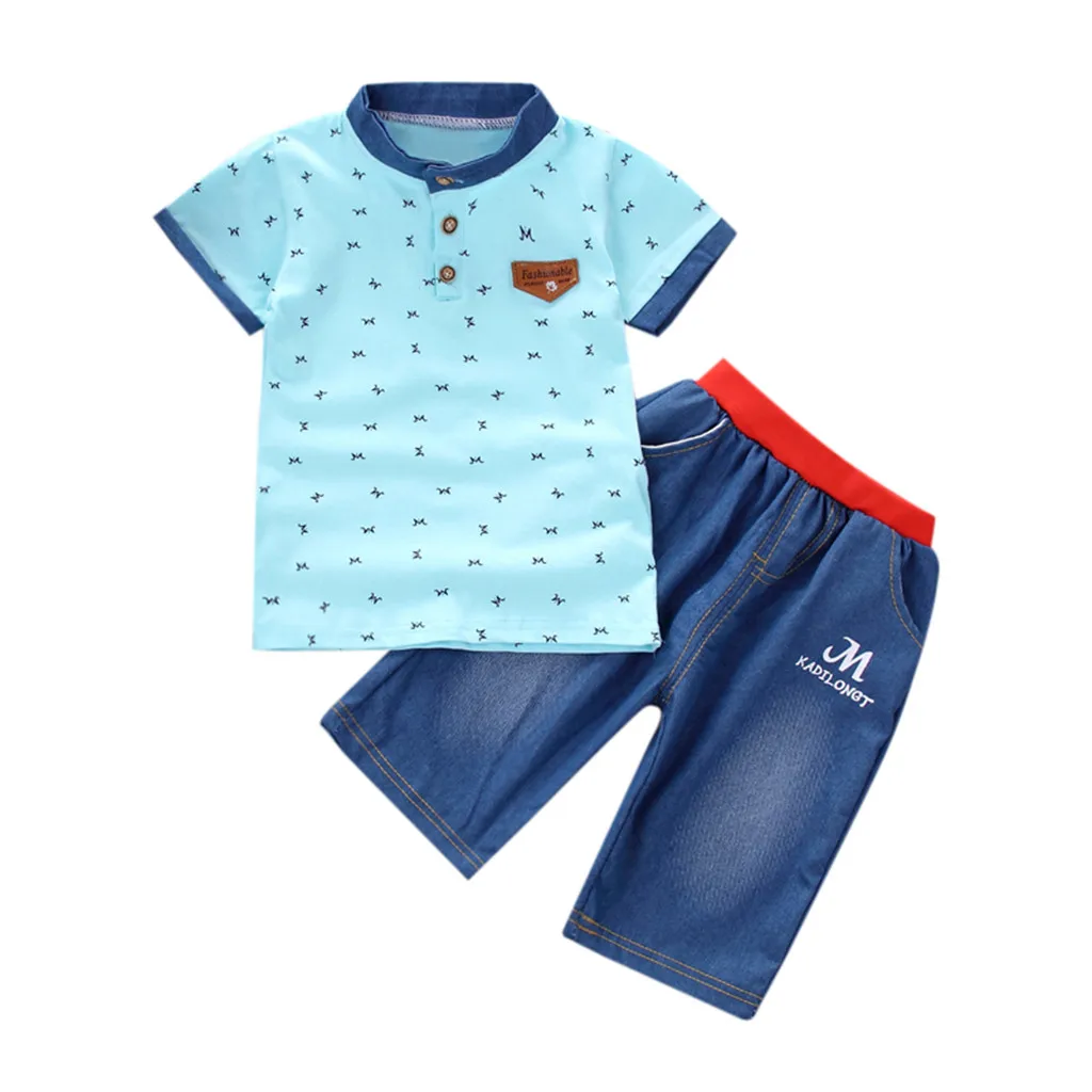 Комплект одежды из 2 предметов с короткими рукавами для маленьких мальчиков, футболка и шорты Одежда для маленьких мальчиков детская одежда roupa infantil - Цвет: Синий