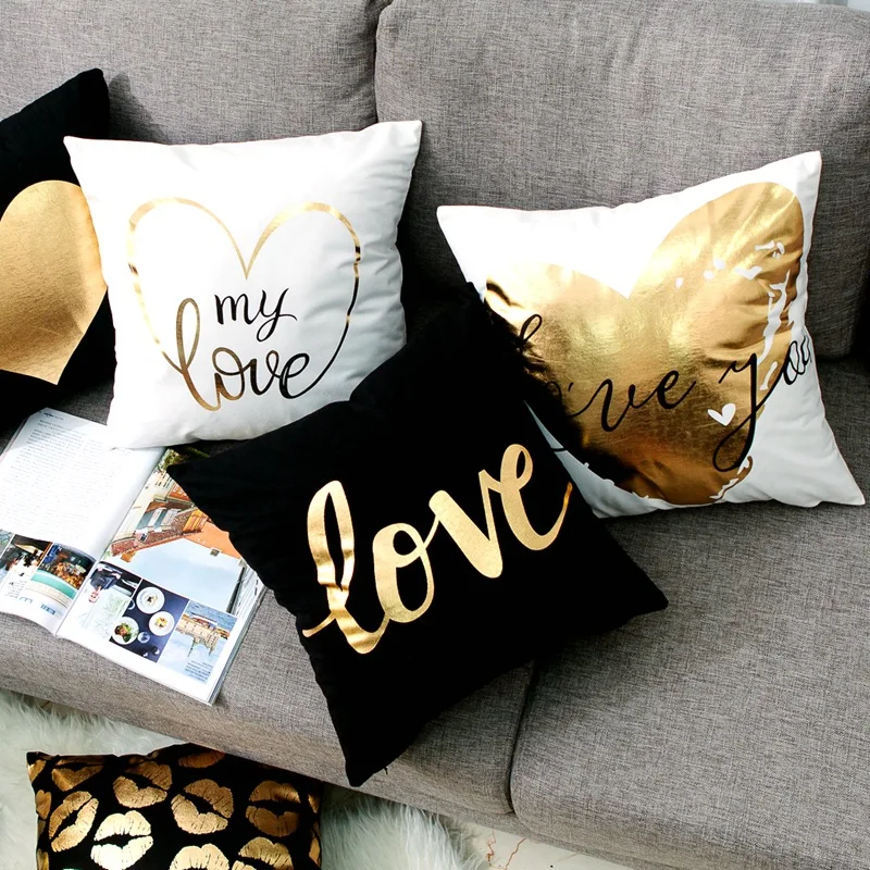 Love Black And White Bronzing Cushion Decorative Pillows Gold Foil Geometric Pillowcase Home Decor Sofa Throw Pillow 17*17inch 2