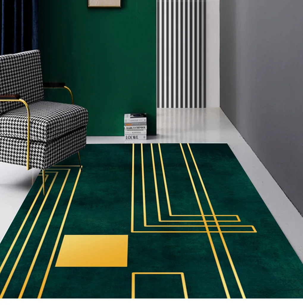 modern Nordic carpet dark green gold geometric large rugs lines living room bedroom soft parlor hallway home floor mat | Дом и сад