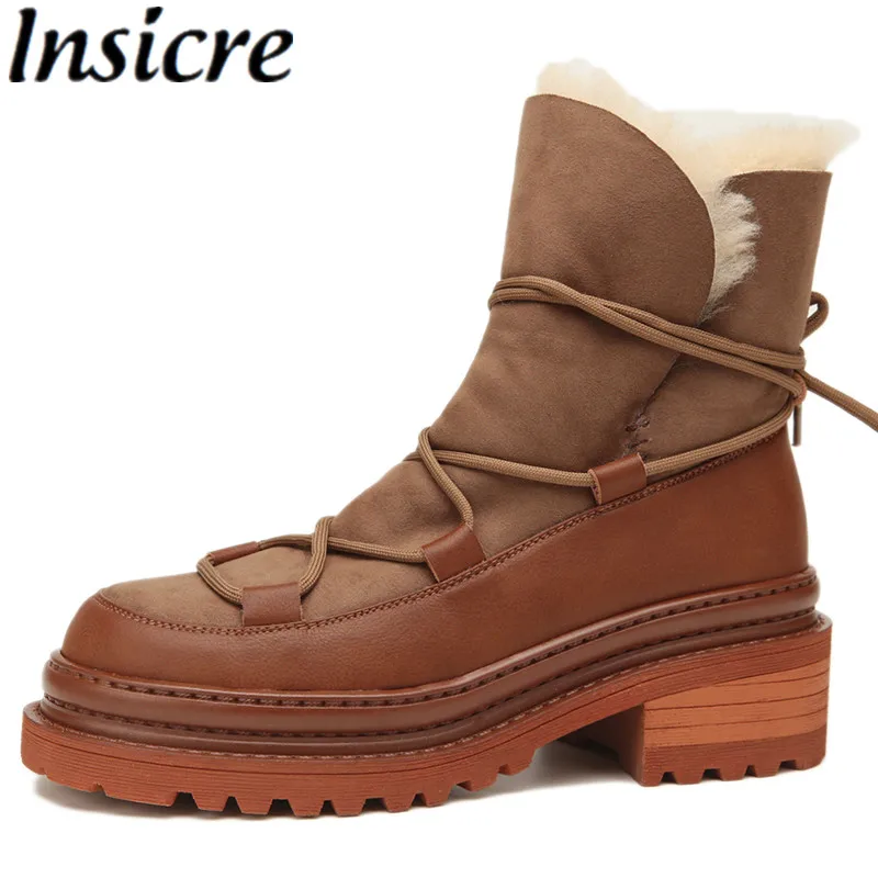 

Insicre 2021 Winter Warm Snow Boots Cow Split Leather Round Toe Non Slip Ankle Shoes Woman Platform Thick Low Heels Wool