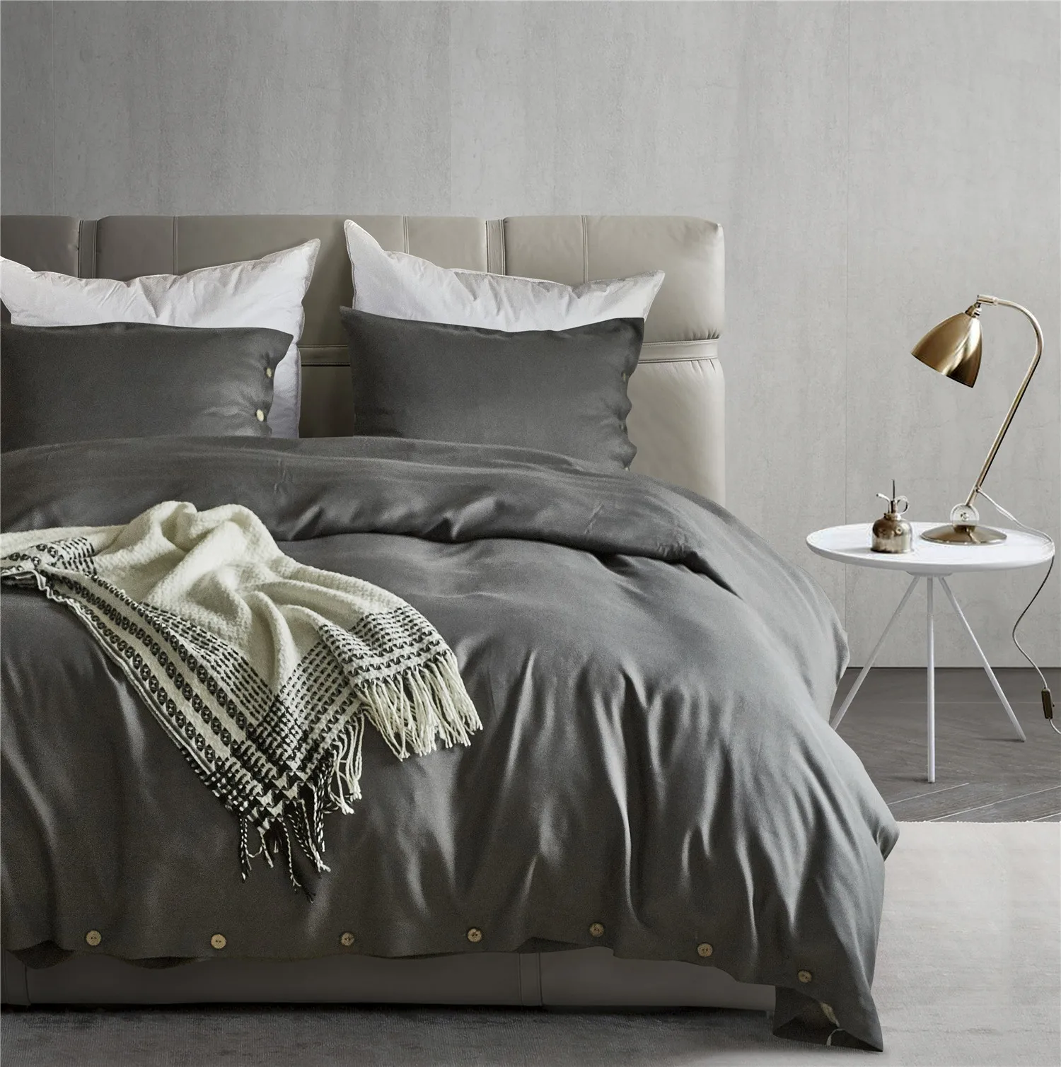 

100% 60 Long-Staple Cotton Buttons Gray 3 PC Duvet Cover Quilt Sets Queen Size Comforter Sets Pillowcase Luxurious