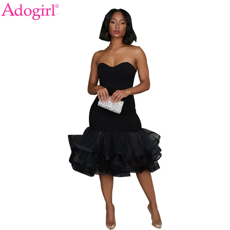 

Adogirl Cascading Ruffles Mermaid Dress Elegant Women Sexy Strapless Bodycon Midi Evening Party Dresses Female Fashion Clothing