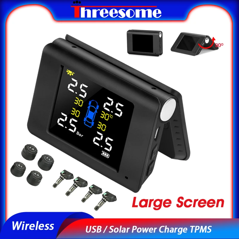 

TPMS Large Screen USB / Solar Power Charge Tire Pressure Alarm Monitoring System LED Color 4 Built-in or External Sensor LCD