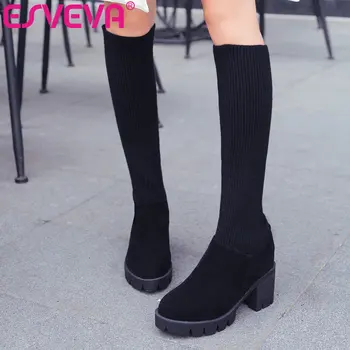 

ESVEVA 2021 PU+Flock Knee High Boots Women Boots Winter Women Shoes Round Toe Med Heel Black Slip On Boots Size 34-43