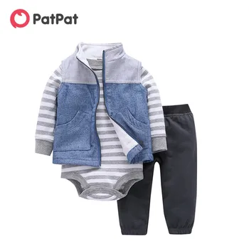 

PatPat 2020 New Spring and Autumn 3-piece Striped Long Sleeves Romper Sleeveless Coat and Pants for Baby Boy Sets Clothes